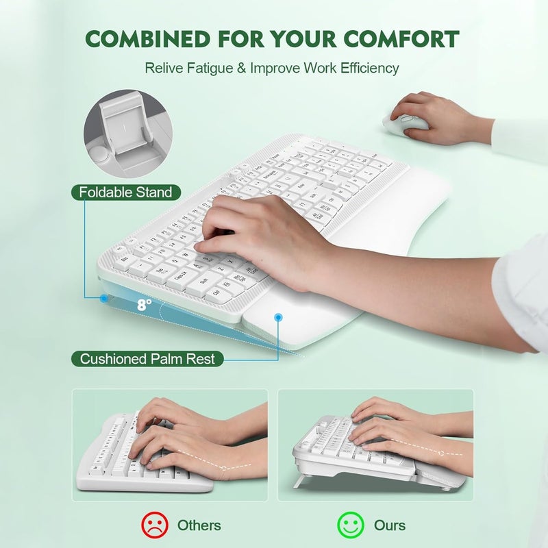 EAYBLLY Wireless Keyboard and Mouse Combo, Wave Keys Full-Sized Ergonomic Keyboard with Cushioned Plam Rest, Phone Holder, Comfortable Natural Typing, 2.4G Cordless Set for Computer, Laptop, PC, Mac, Windows - Image 4